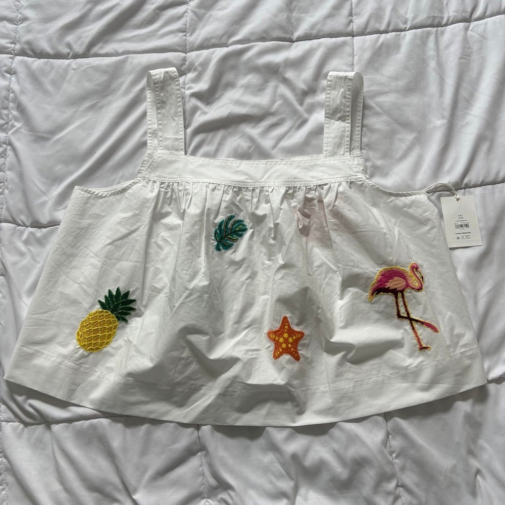 NWT Free Assembly XXL 100% Cotton Popover Top White Tropical Embroidery Beachy